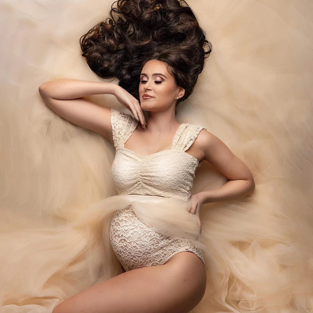 Maternity Bohemian Lace Bodysuit Tulle Long Dress Boho Style