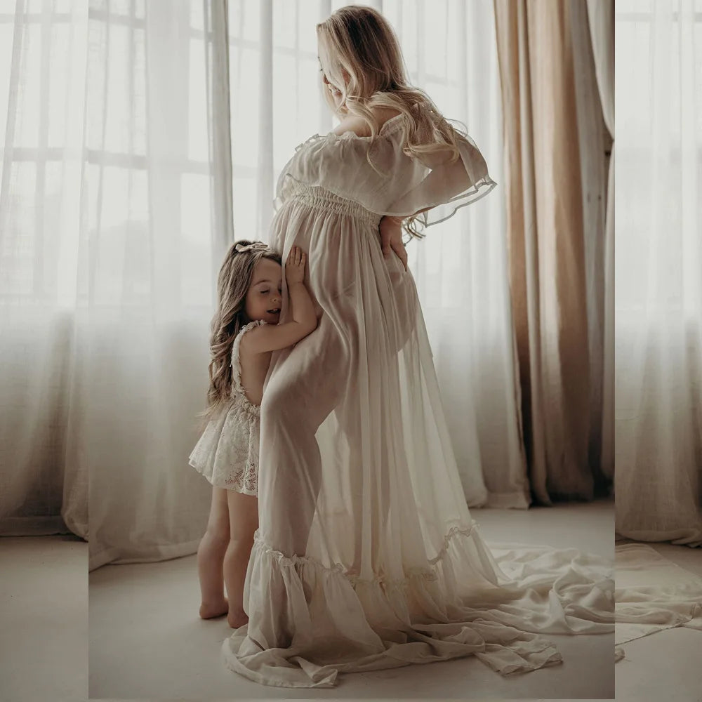Maternity Dresses Photoshoot Studio Clothing Sexy Chiffon Off Shoulder Ruffle Edge Dress Pregnant Women Photography Gowns