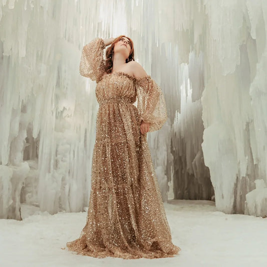 Brown Pearl Sequin Transparent Mesh One Shoulder Dress Maternity Dress Photoshoot Props Pregnant Women Photography Dress
