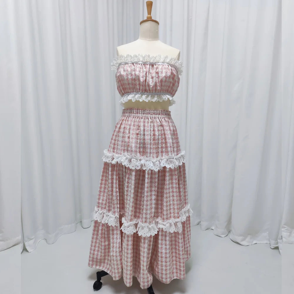 Maternity Dresses For Baby Showers Embroidered Checkered Strapless Two-piece Lace Cake Dress  Pregnancy Photography Outfit