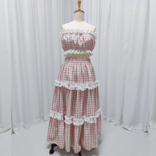 Maternity Dresses For Baby Showers Embroidered Checkered Strapless Two-piece Lace Cake Dress  Pregnancy Photography Outfit