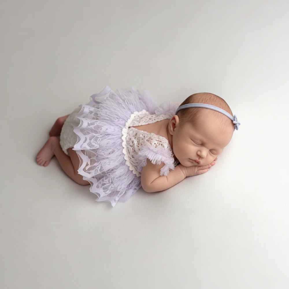 Lavender Purple Lace Tutu Romper Newborn Fluffy Tulle Baby Girl Dress Open Back