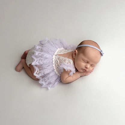 Lavender Purple Lace Tutu Romper Newborn Fluffy Tulle Baby Girl Dress Open Back