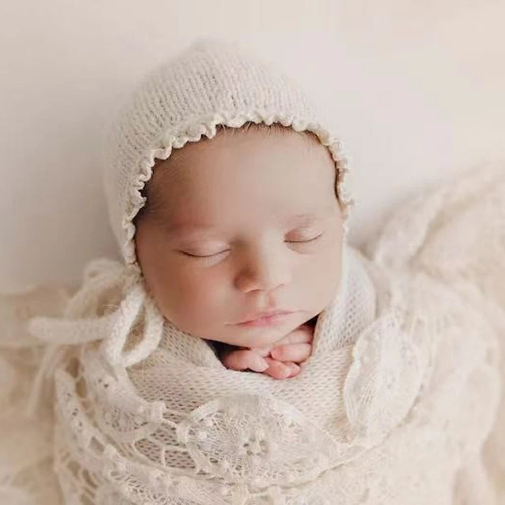 Newborn Knit Lace Hat Wrap Set Baby Vintage Soft Costume Bab