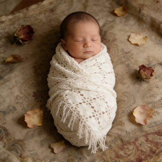 Beige Lace Crochet Floral Swaddle Blanket Baby Wrap Studio Soft Cotton Fabric