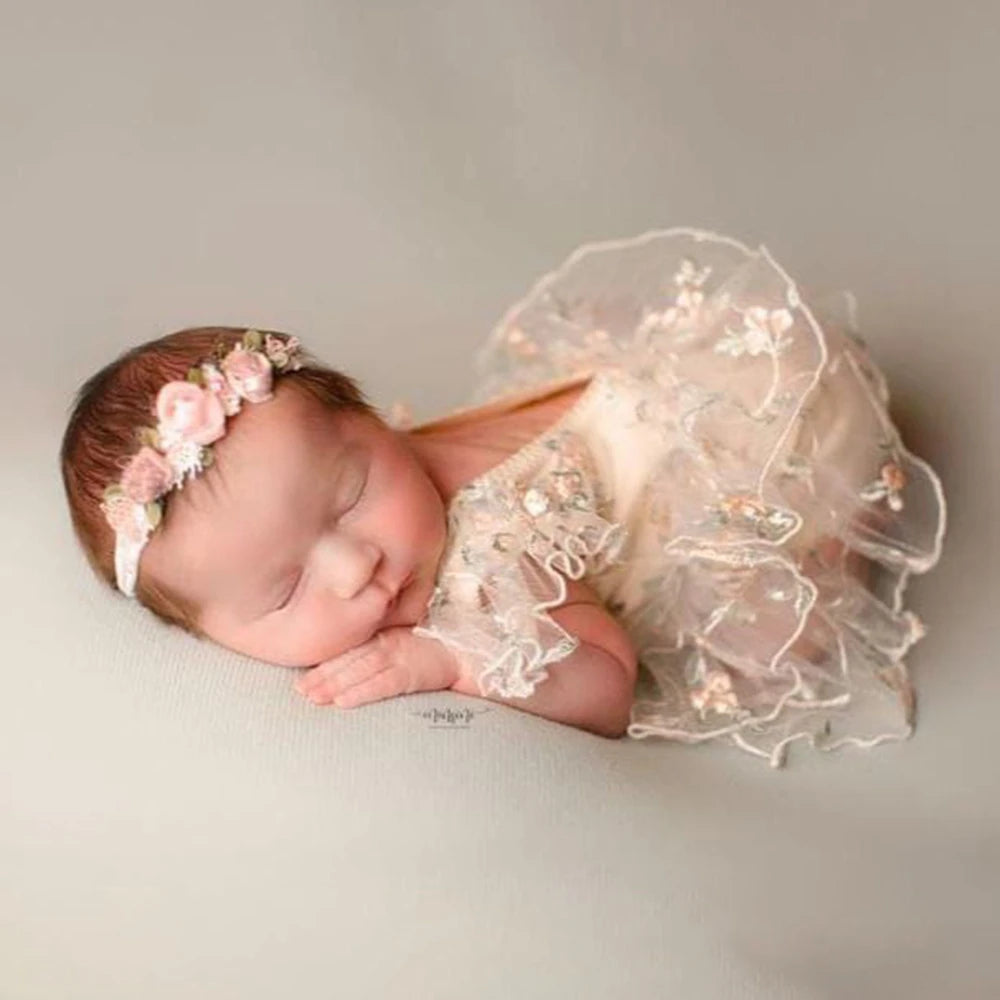 Newborn Baby Girl Floral Embroidered Tulle Tutu Dress Matching Flower Headband Newborn Set