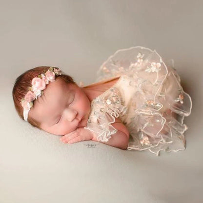 Newborn Baby Girl Floral Embroidered Tulle Tutu Dress Matching Flower Headband Newborn Set
