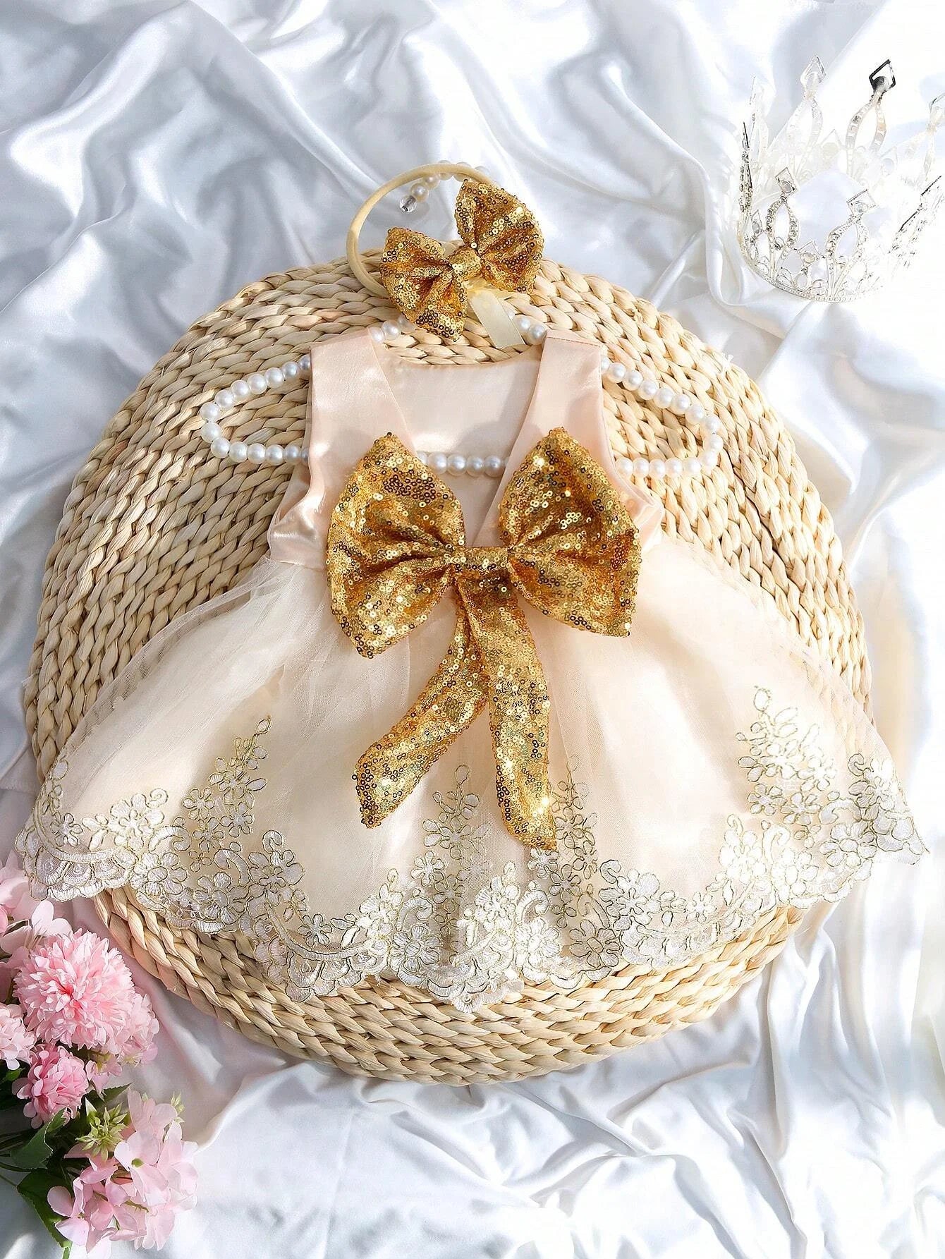 2pcs Newborn Set Baby Girls Princess Embroidered Mesh Dress Bowknot Lace Skirt