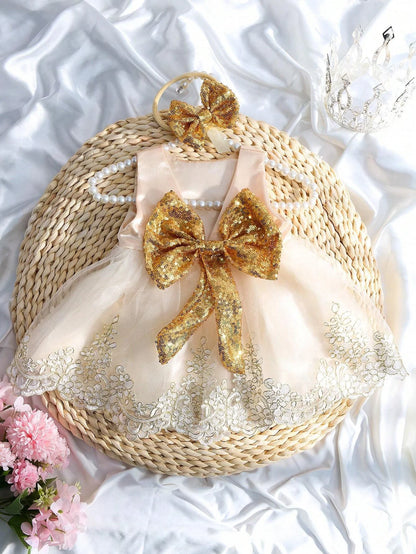 2pcs Newborn Set Baby Girls Princess Embroidered Mesh Dress Bowknot Lace Skirt