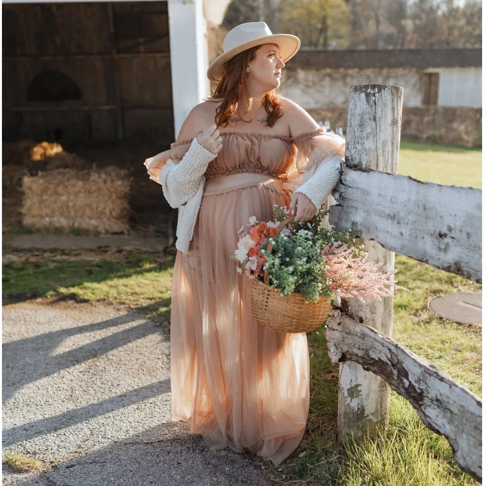 Photography Dress For Women Maternity Gown For Photo Shoot Transparent Chiffon Off Shoulder Ruffle Sleeves Two-piece Dress