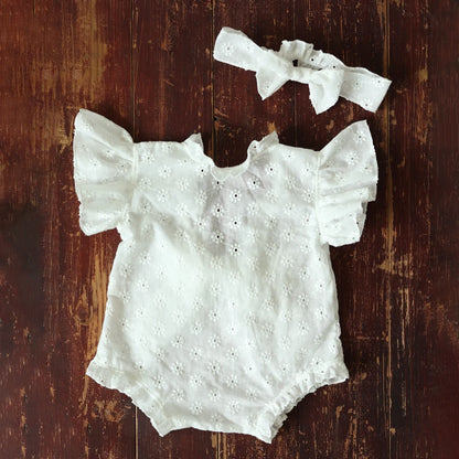 Newborn Baby Girl Eyelet Ruffled Romper Back Bow Matching Headband Photo
