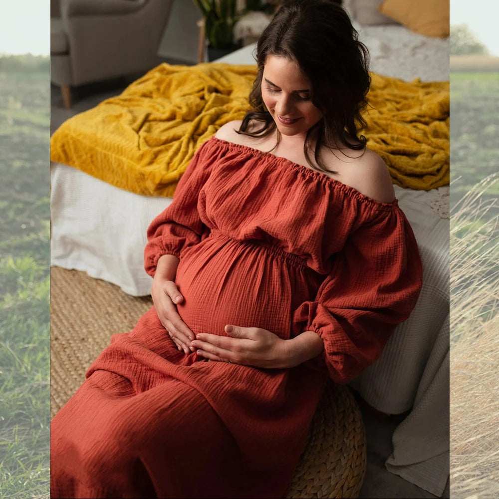 Maternity Bohemian Dress Comfort Linen Cotton One Shoulder Boho Style Baby Shower