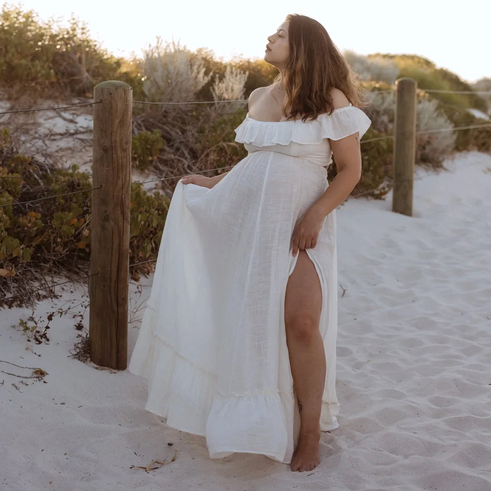 Boho Maternity Photoshoot DressLotus Leaf Edge Linen Cotton Adjustable Back Pregnancy Friendly Photography Dress For Women