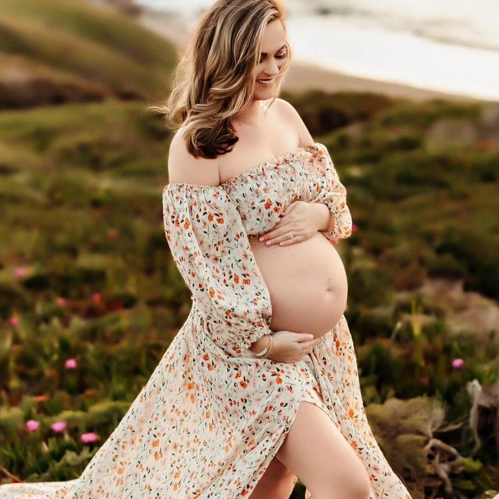 Maternity Dress Floral Chiffon Two-piece Long Sleeved Short Top Baby Showers