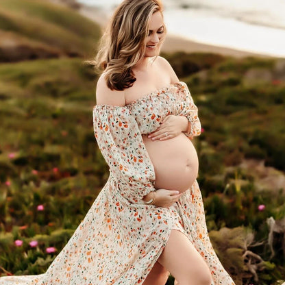Maternity Dress Floral Chiffon Two-piece Long Sleeved Short Top Baby Showers