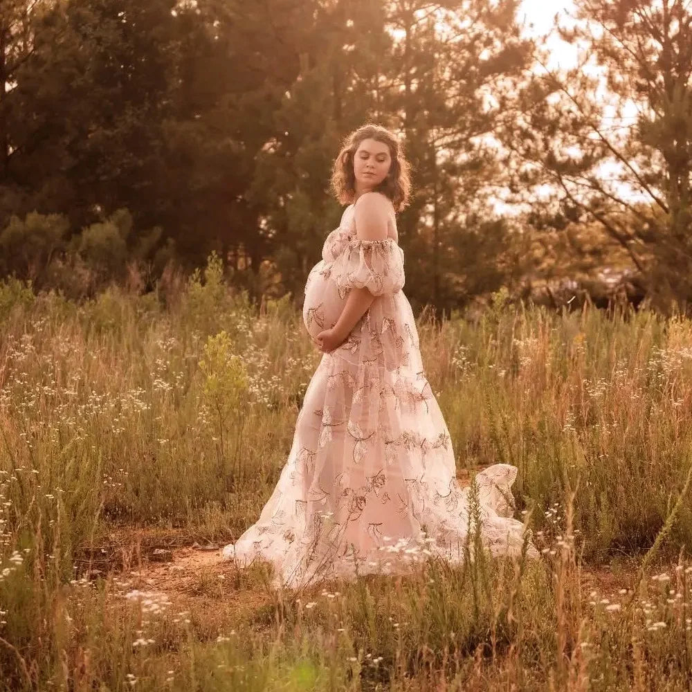 Photography Dress For Women Mesh Embroidery  Off Shoulder Puff Sleeve Dress Maternity Dresses Photoshoot Baby Showers Dress