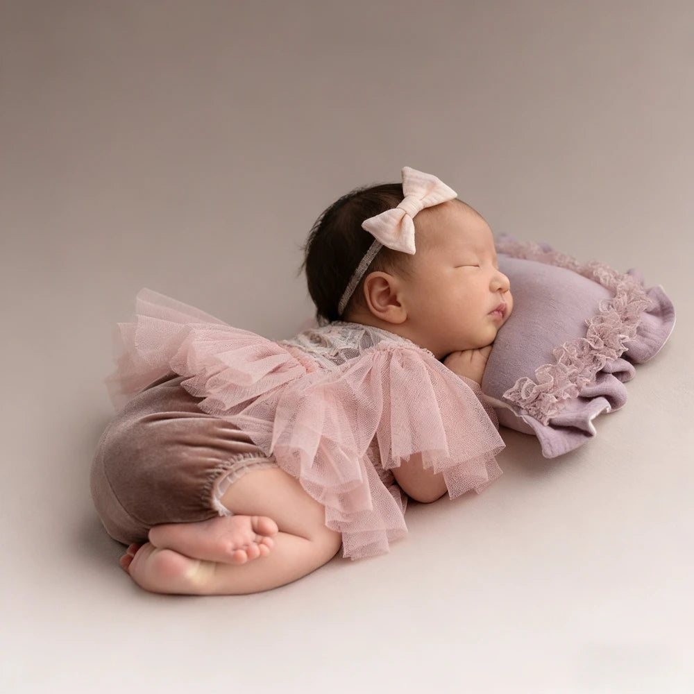 Newborn Photo Baby Girl Pink Lace Tutu Romper Velvet Shorties Ruffle Tulle Bow Headband