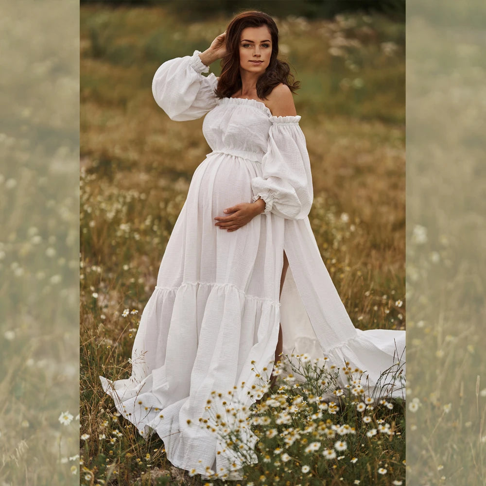 Maternity Bohemian Comfortable Wear Linen Cotton Retro Off Shoulder Top Large Skirt Hem