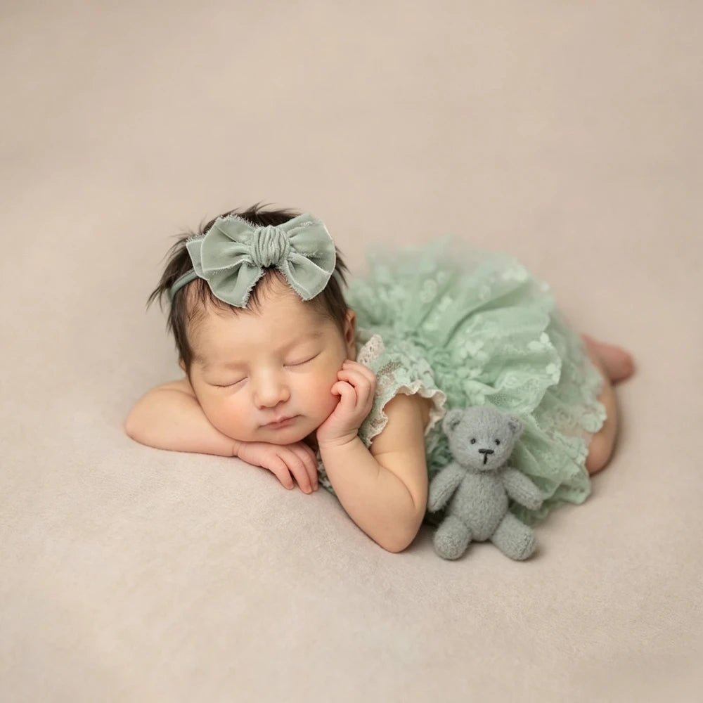 Sage Green Baby Newborn Girl Lace Romper Vintage Dress