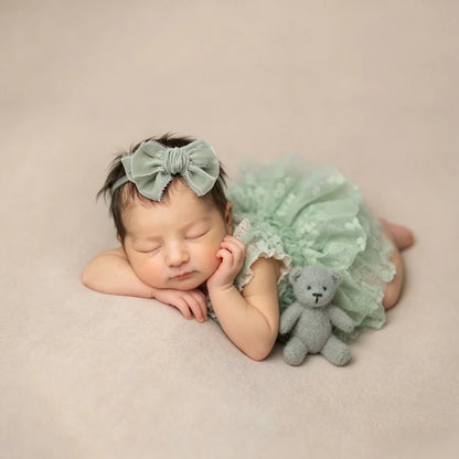 Sage Green Baby Newborn Girl Lace Romper Vintage Dress