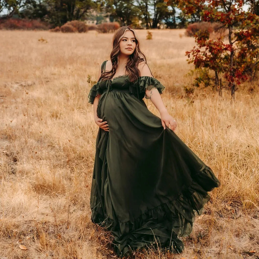 Dark Green Camisole Tulle Dress Photo Shoot Pregnant Photography Dress For Women Elegant Photography Studio Costumes