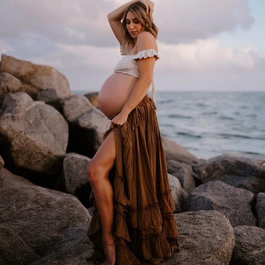 Maternity Knitted Bra Linen Cotton Three-layer Lace Boho Style Dress Two-piece Set