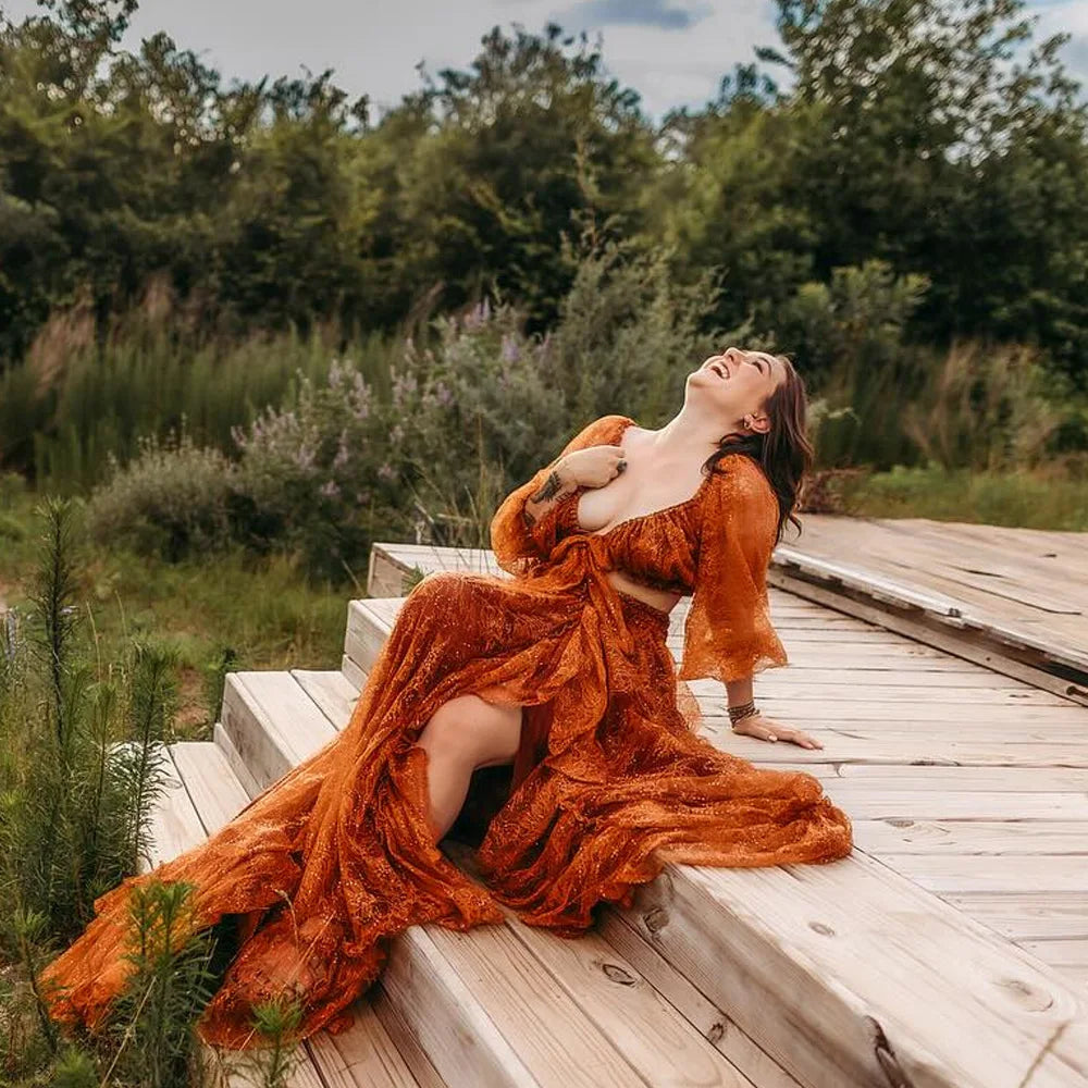 Bohemian Photo Shooting Pregnancy Dress Sequined Lace V-neck Dress Two-piece Set Boho Style Dress Photo Shoot Pregnant