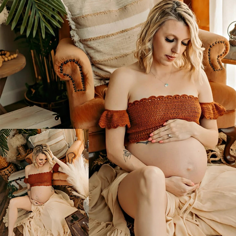 Maternity Knitted Bra Linen Cotton Three-layer Lace Boho Style Dress Two-piece Set