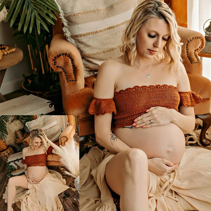 Maternity Knitted Bra Linen Cotton Three-layer Lace Boho Style Dress Two-piece Set