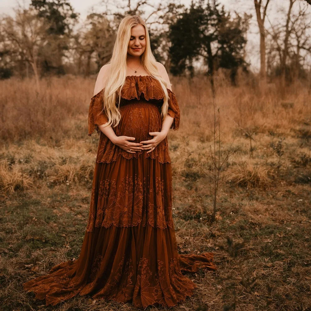 Maternity Dresses For Baby Showers Elegant Off Shoulder Embroidered Mesh Dress For Pregnant Women Photo Shoot Dress For Women