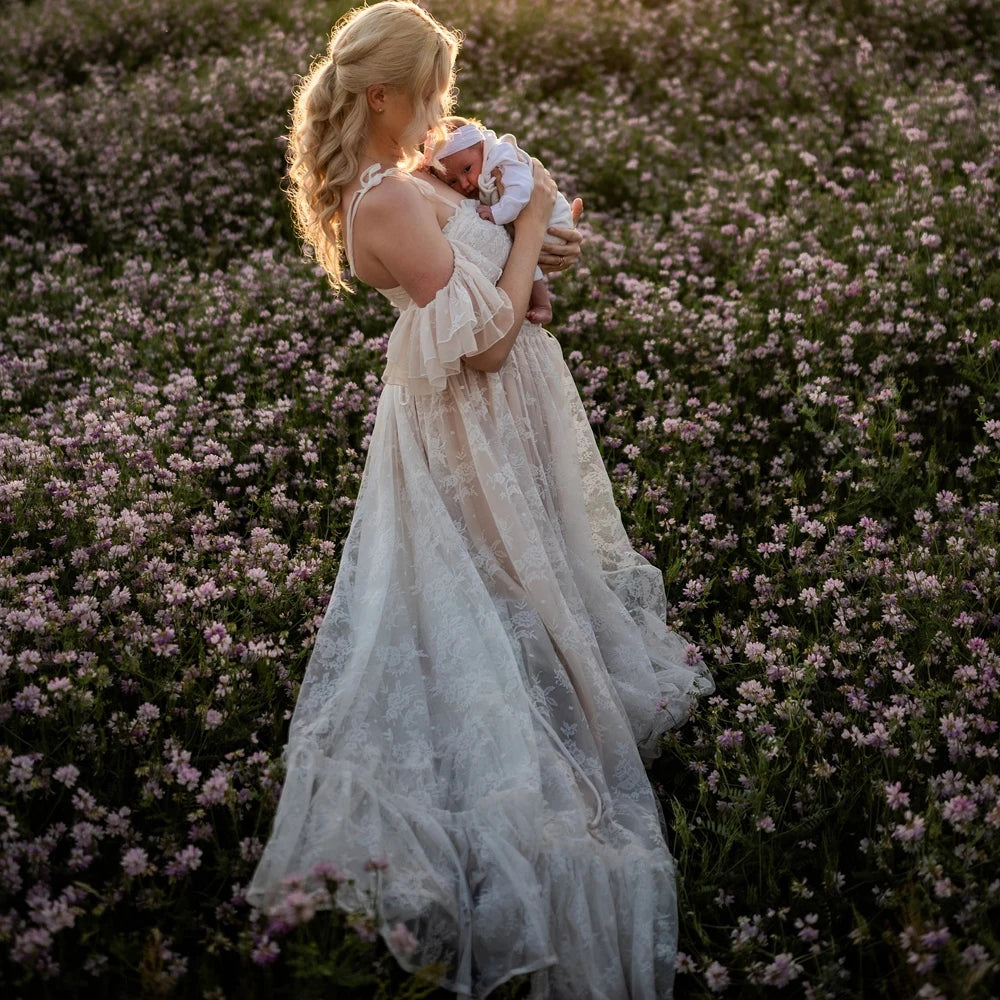 Maternity Beige Lace Two-piece Suspender Dress