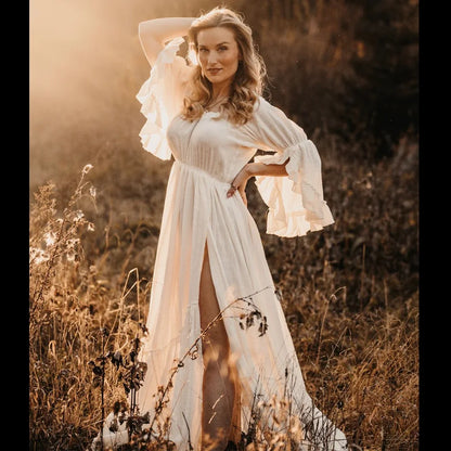 Maternity Comfortable Linen Cotton One Shoulder Lace Long Sleeved Dress