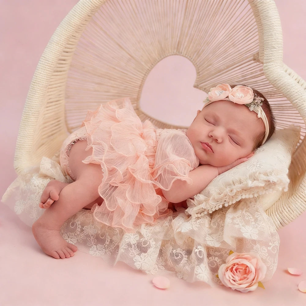 Newborn Baby Girl Peach Tutu Romper Lace Ruffle Bodysuit Dress