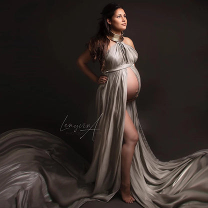 Maternity Elegant Long Gold Color Leather African Posing Gown