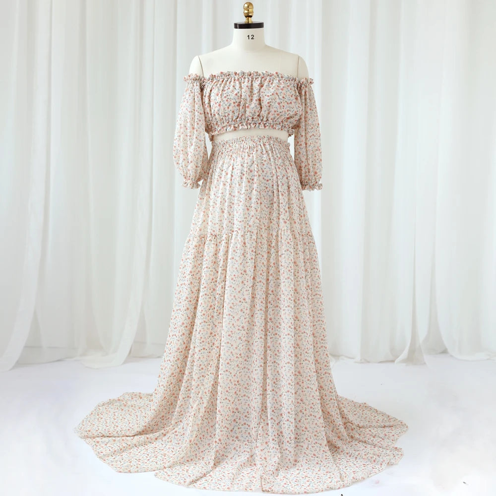 Maternity Dress Floral Chiffon Two-piece Long Sleeved Short Top Baby Showers