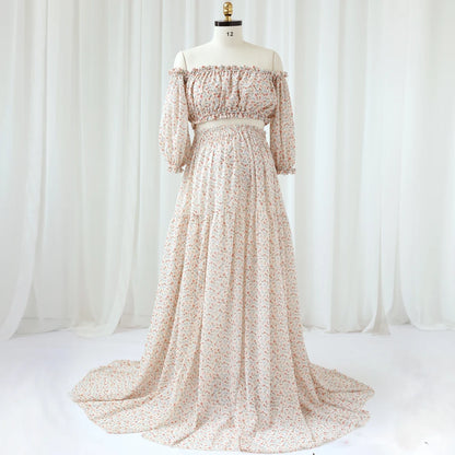 Maternity Dress Floral Chiffon Two-piece Long Sleeved Short Top Baby Showers