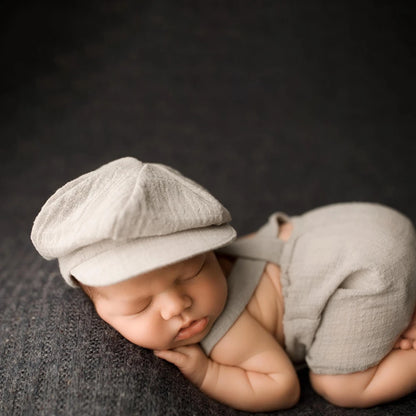 Baby Boy Vintage Newsboy Hat Linen Cotton Romper Suspenders