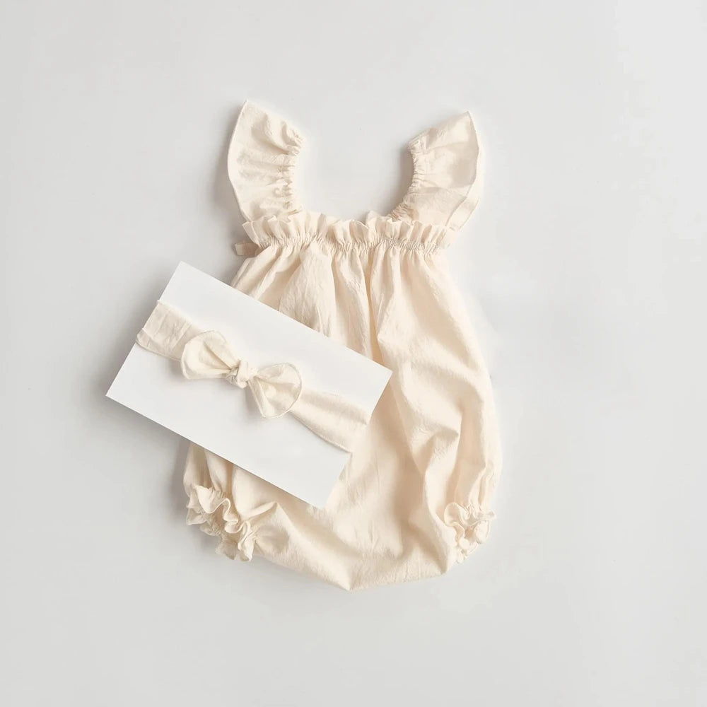 Newborn Beige Ruffled Flutter Sleeve Romper Baby Photo Costume
