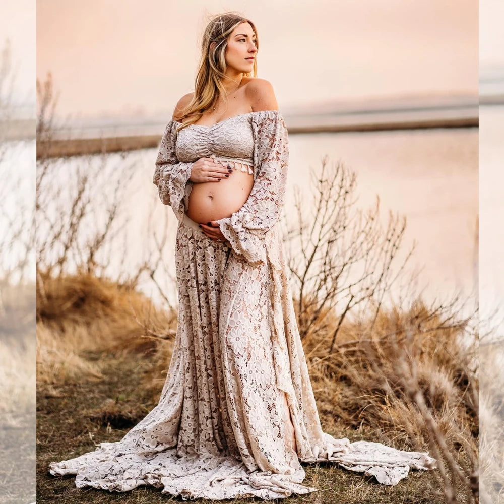 Maternity Boho Style Lace Dress Bohemian Baby Shower Ruffled Split Cut