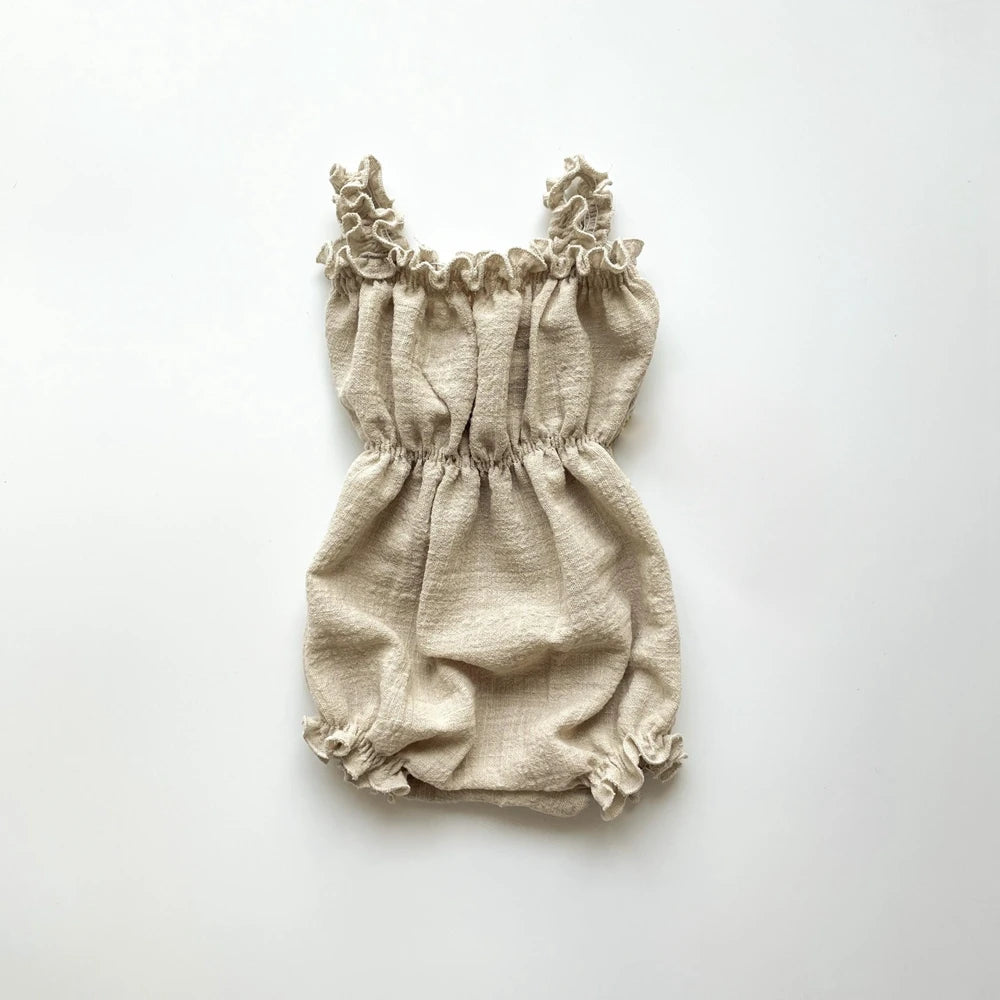 Baby Girl Beige Linen Cotton Off Shoulder Ruffle Puff Sleeve Romper