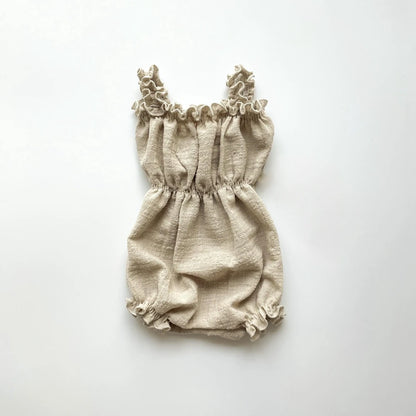 Baby Girl Beige Linen Cotton Off Shoulder Ruffle Puff Sleeve Romper
