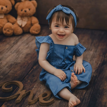 Newborn Photo Baby Girl Blue Ruffle Denim Romper Bunny Headband Set Soft
