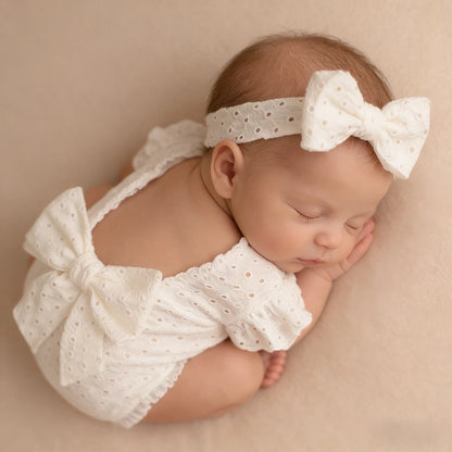 Newborn Baby Girl Eyelet Ruffled Romper Back Bow Matching Headband Photo