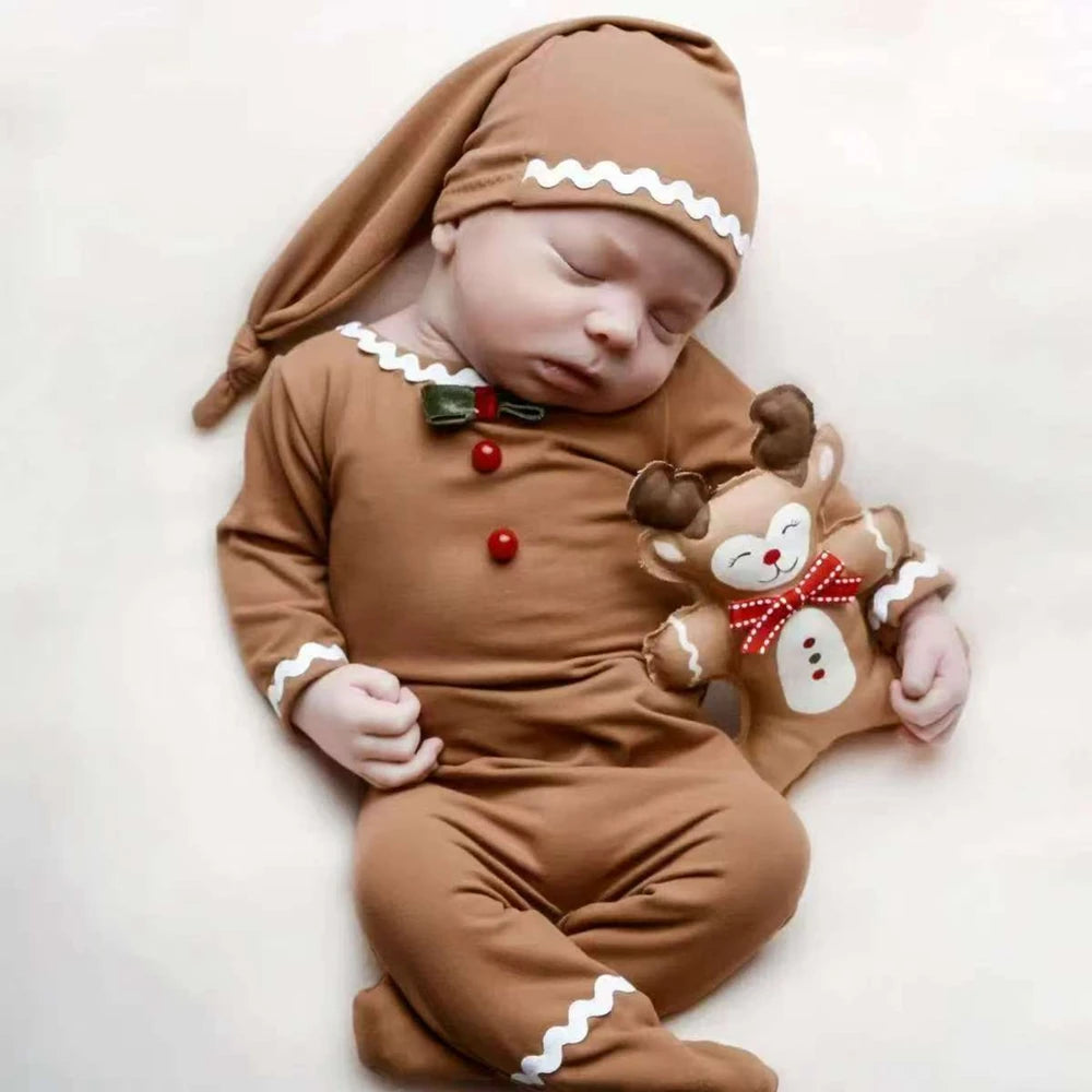Newborn Christmas Gingerbread Long Sleeve Romper Hat Set Baby Holiday Costume Boutique