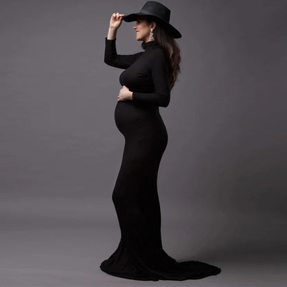 Maternity Fashionable Black Stretch Cotton Floor Length Dress Baby Showers Pregnancyphoto