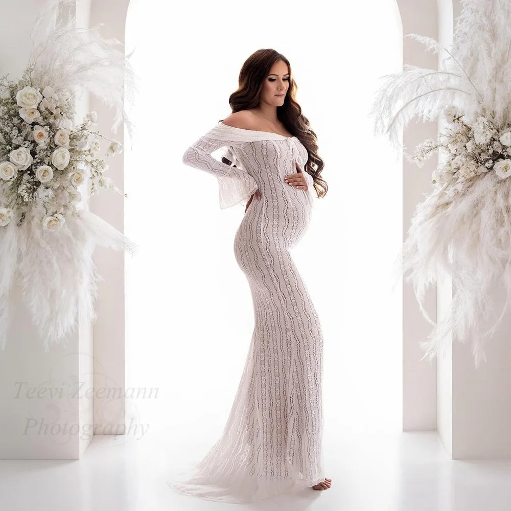 Maternity Elegant One Shoulder Long Sleeved Lace Dress Baby Shower