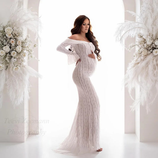 Maternity Elegant One Shoulder Long Sleeved Lace Dress Baby Shower
