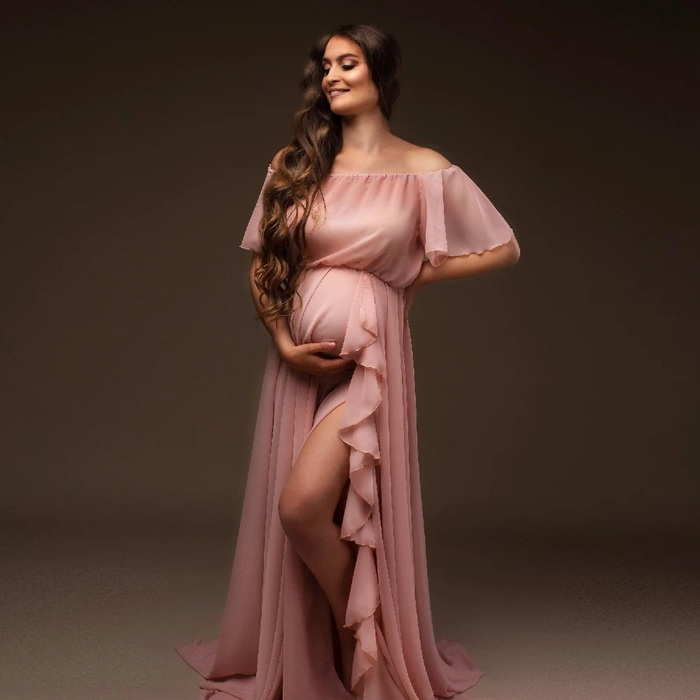Maternity Shoulder Ruffle Sleeve Chiffon Dress