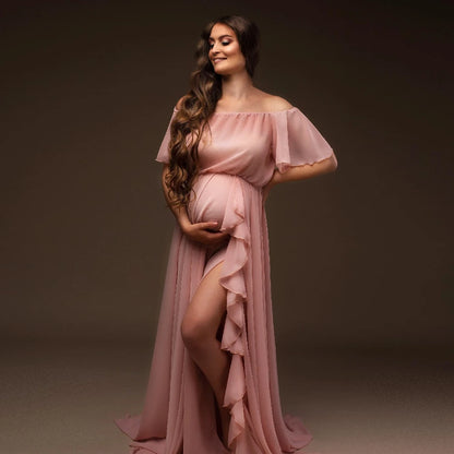 Maternity Shoulder Ruffle Sleeve Chiffon Dress