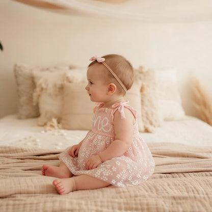 Pink Floral Embroidered One Year Birthday Baby Girl Dress Bow Headband Smocked Tulle Newborn Set